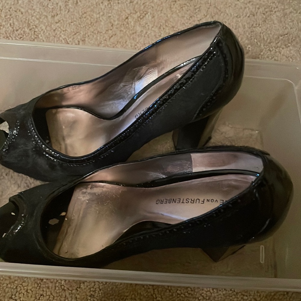 Diane von Furstenberg horsehair open toe pumps with chunky patent heels
